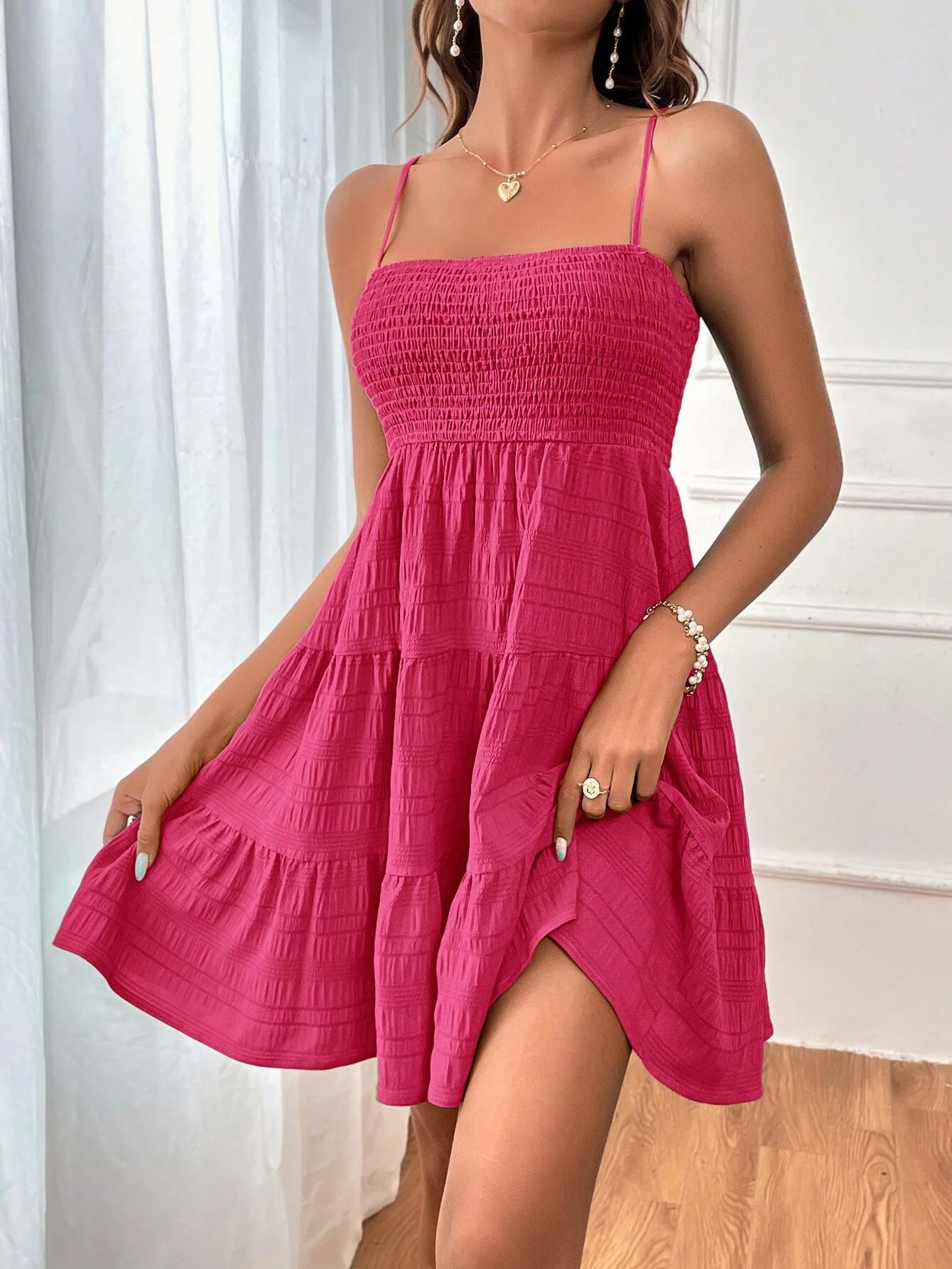 Square Neck Suspender Pleated Summer Dress for Women