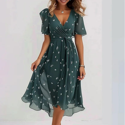 Floral V-Neck A-Line Midi Summer Dress for Women