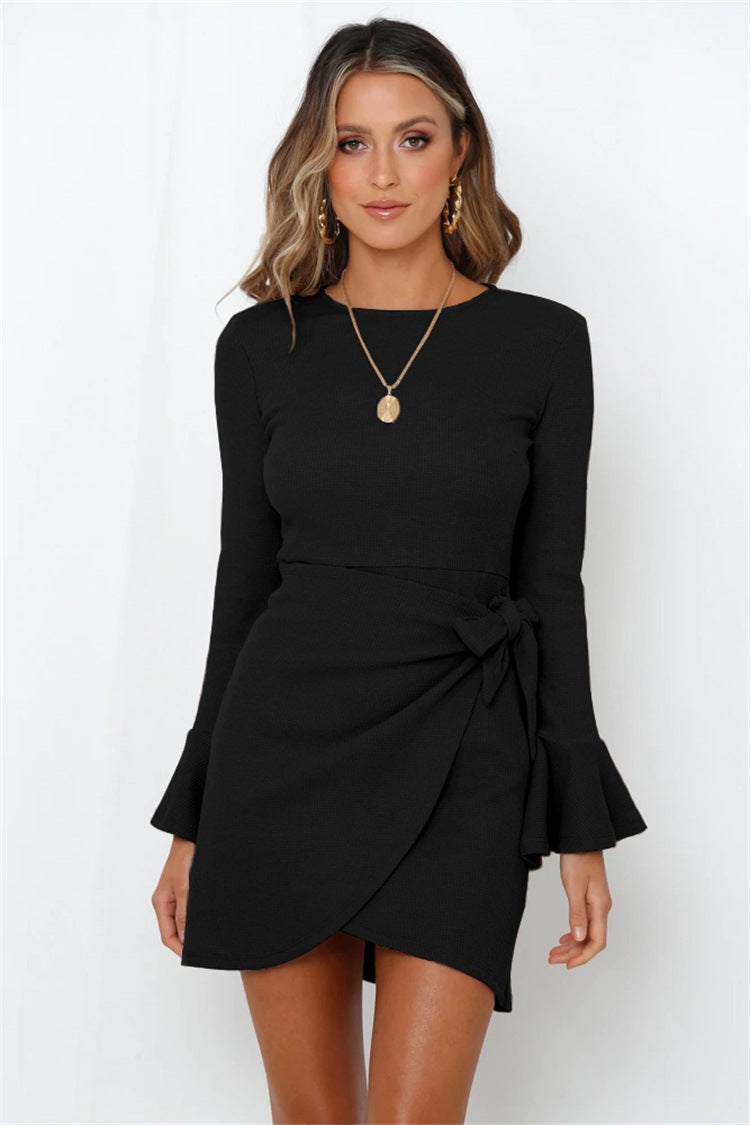 Long Sleeve Ruffle Bowknot Waffle Mini Dress for Women