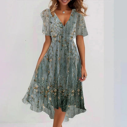 Floral V-Neck A-Line Midi Summer Dress for Women