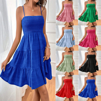 Square Neck Suspender Pleated Summer Dress for Women