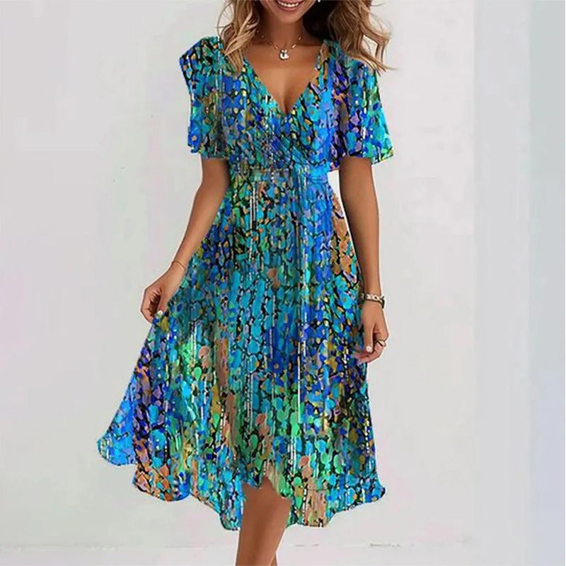 Floral V-Neck A-Line Midi Summer Dress for Women