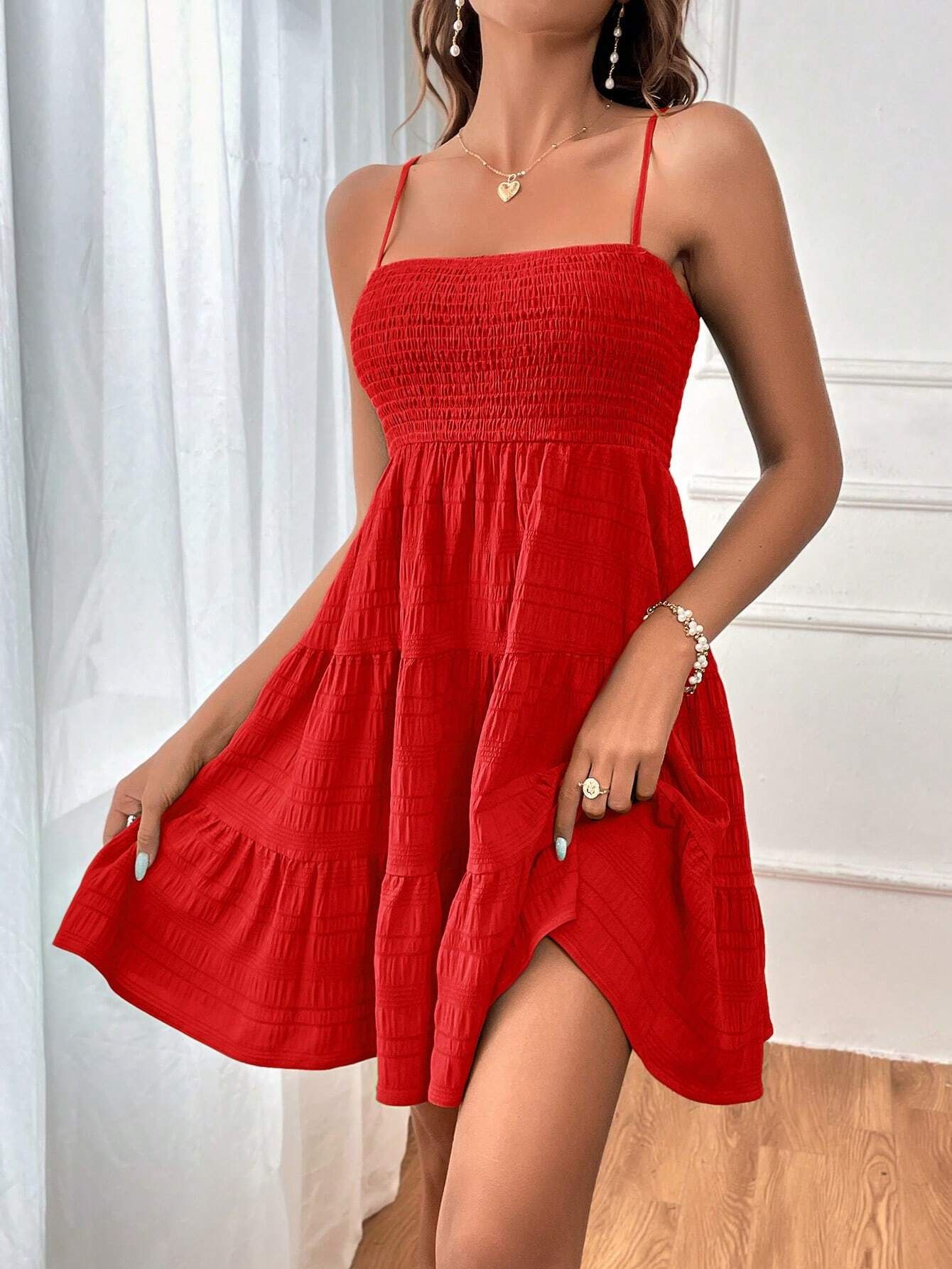Square Neck Suspender Pleated Summer Dress for Women