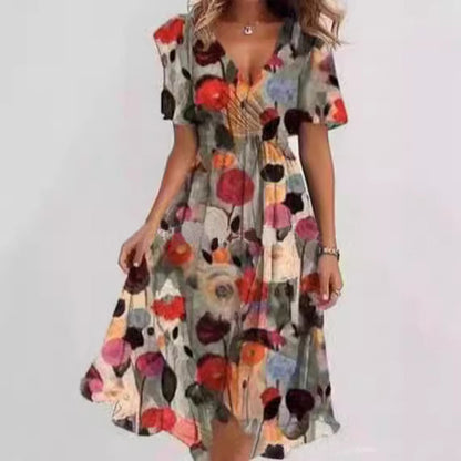 Floral V-Neck A-Line Midi Summer Dress for Women