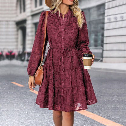 Lace Tie Long Sleeve A-Line Dress for Women