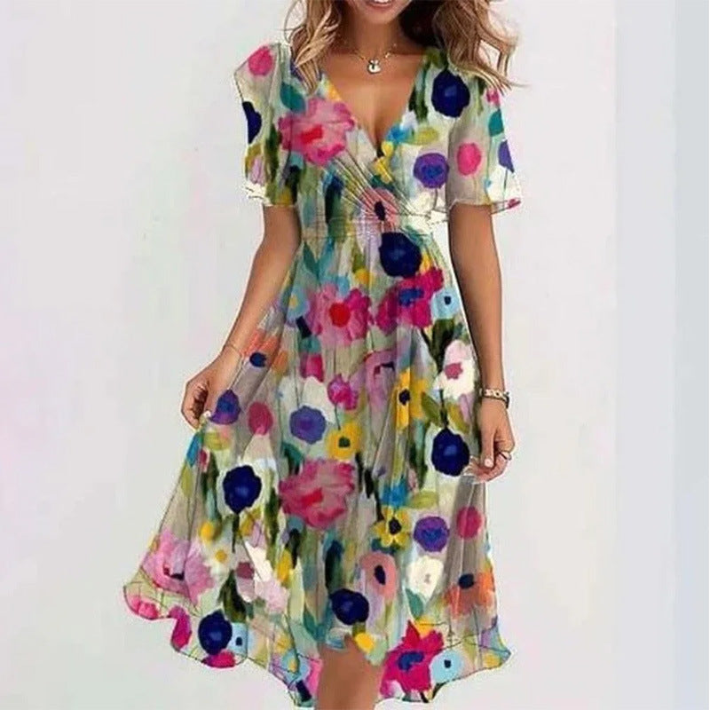 Floral V-Neck A-Line Midi Summer Dress for Women
