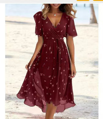 Floral V-Neck A-Line Midi Summer Dress for Women