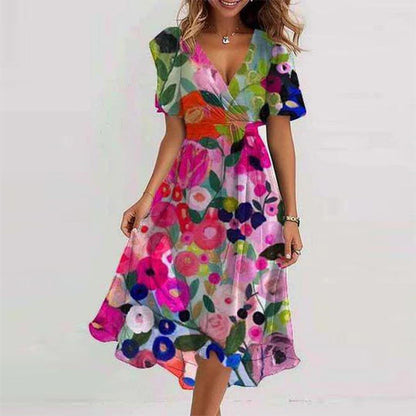 Floral V-Neck A-Line Midi Summer Dress for Women