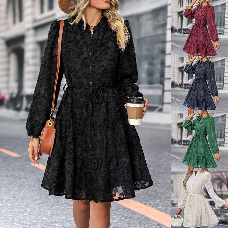Lace Tie Long Sleeve A-Line Dress for Women