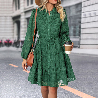 Lace Tie Long Sleeve A-Line Dress for Women