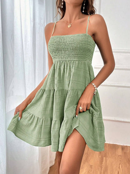 Square Neck Suspender Pleated Summer Dress for Women