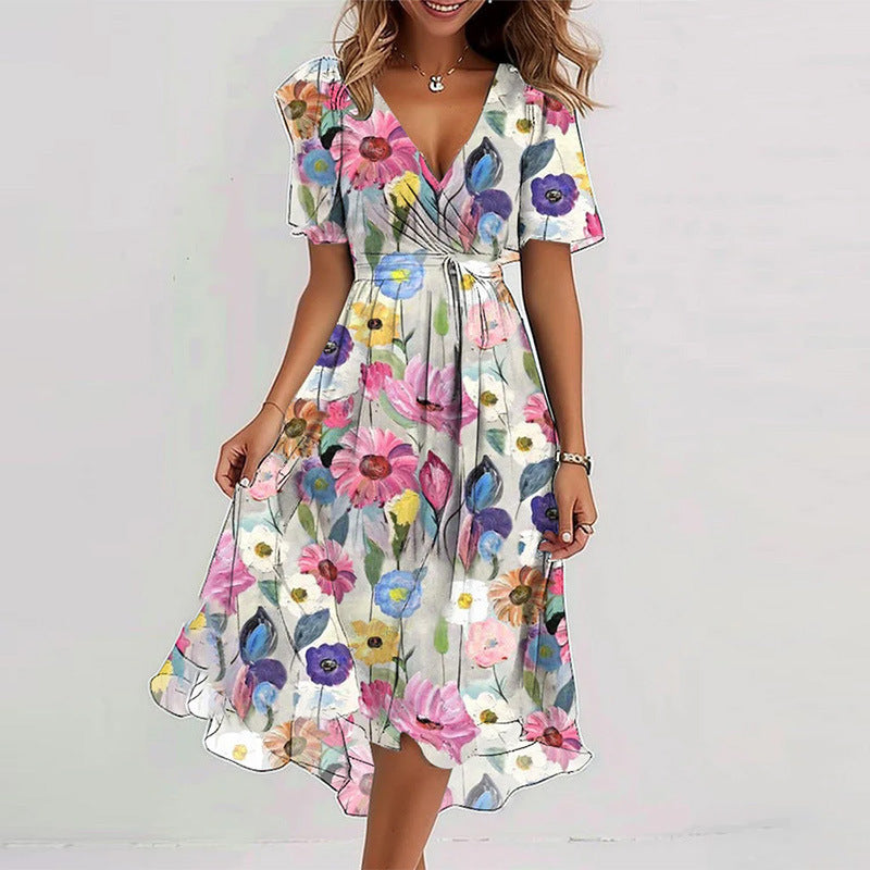 Floral V-Neck A-Line Midi Summer Dress for Women