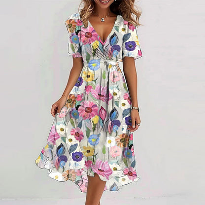 Floral V-Neck A-Line Midi Summer Dress for Women