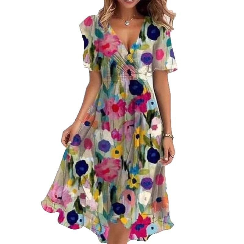 Floral V-Neck A-Line Midi Summer Dress for Women