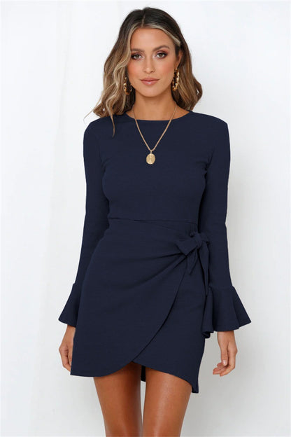 Long Sleeve Ruffle Bowknot Waffle Mini Dress for Women