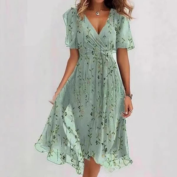 Floral V-Neck A-Line Midi Summer Dress for Women