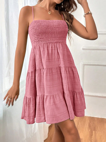 Square Neck Suspender Pleated Summer Dress for Women