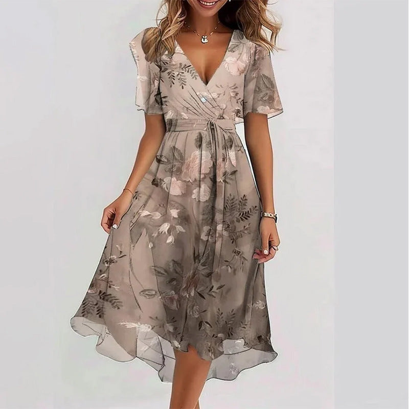 Floral V-Neck A-Line Midi Summer Dress for Women