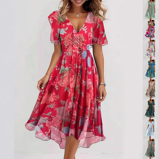 Floral V-Neck A-Line Midi Summer Dress for Women