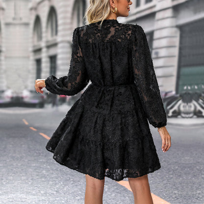Lace Tie Long Sleeve A-Line Dress for Women