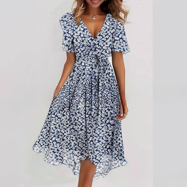 Floral V-Neck A-Line Midi Summer Dress for Women