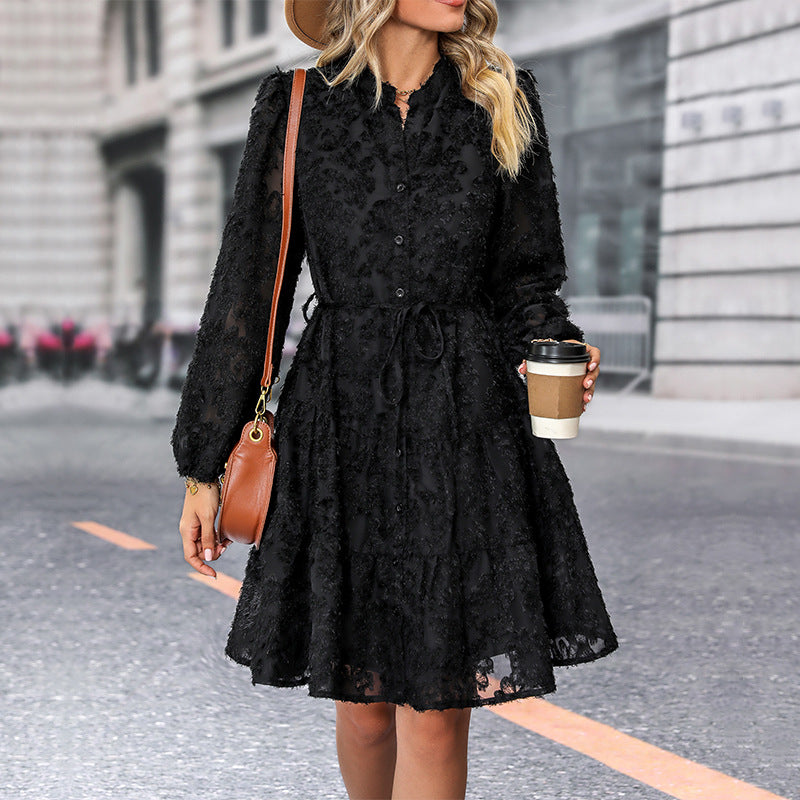 Lace Tie Long Sleeve A-Line Dress for Women