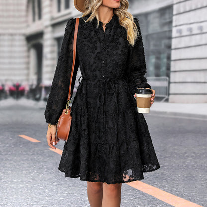 Lace Tie Long Sleeve A-Line Dress for Women