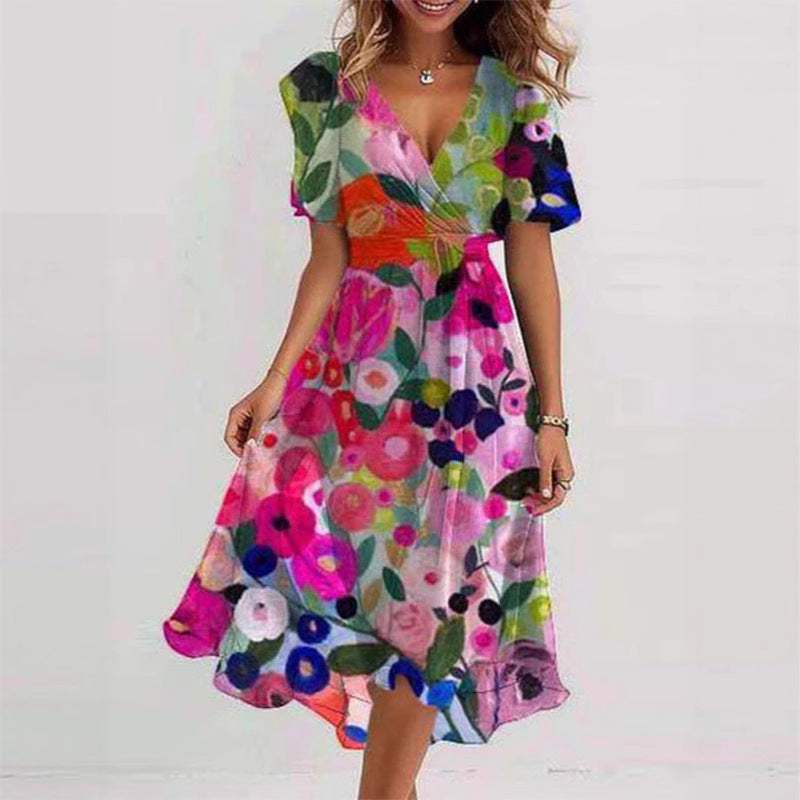 Floral V-Neck A-Line Midi Summer Dress for Women