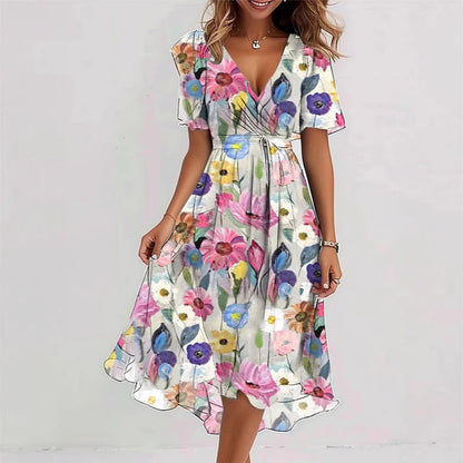 Floral V-Neck A-Line Midi Summer Dress for Women