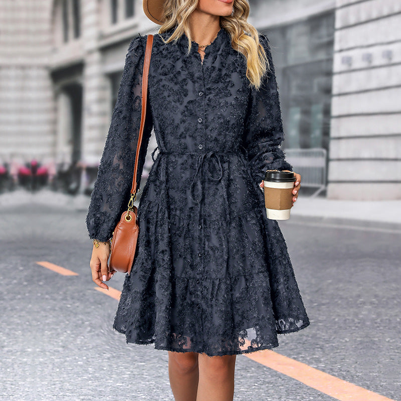 Lace Tie Long Sleeve A-Line Dress for Women