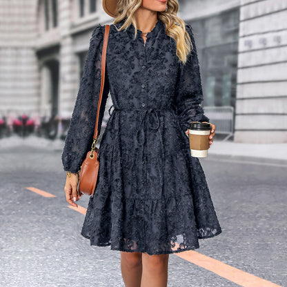 Lace Tie Long Sleeve A-Line Dress for Women