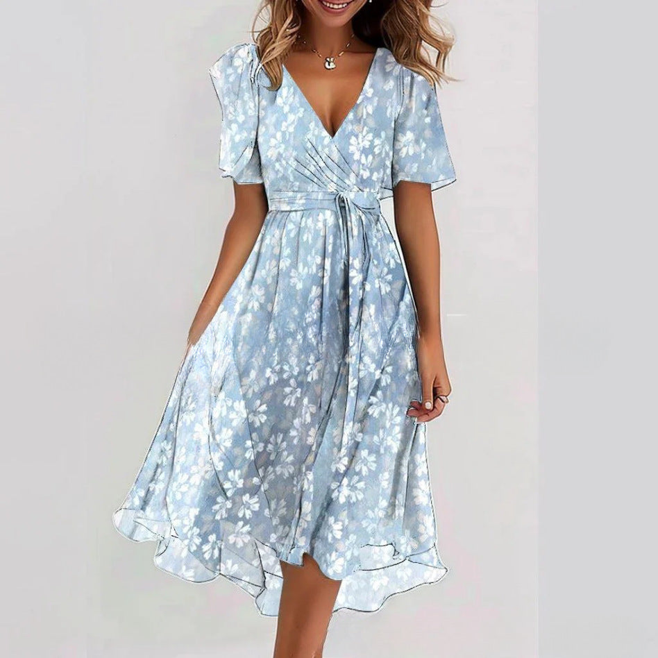 Floral V-Neck A-Line Midi Summer Dress for Women